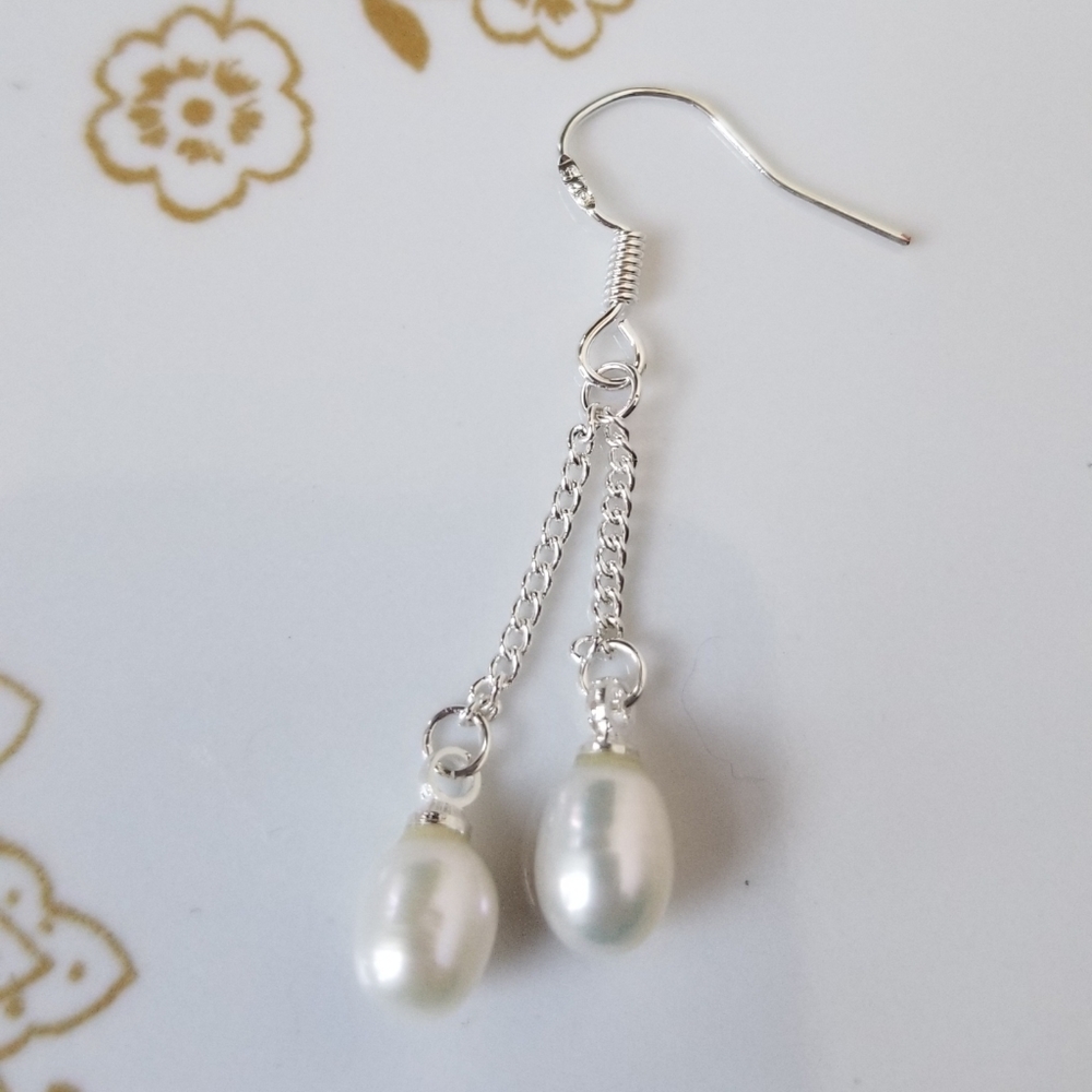 SOLD--Freshwater Pearl White 925 Silver Earrings *NWT - Picture 3 of 5